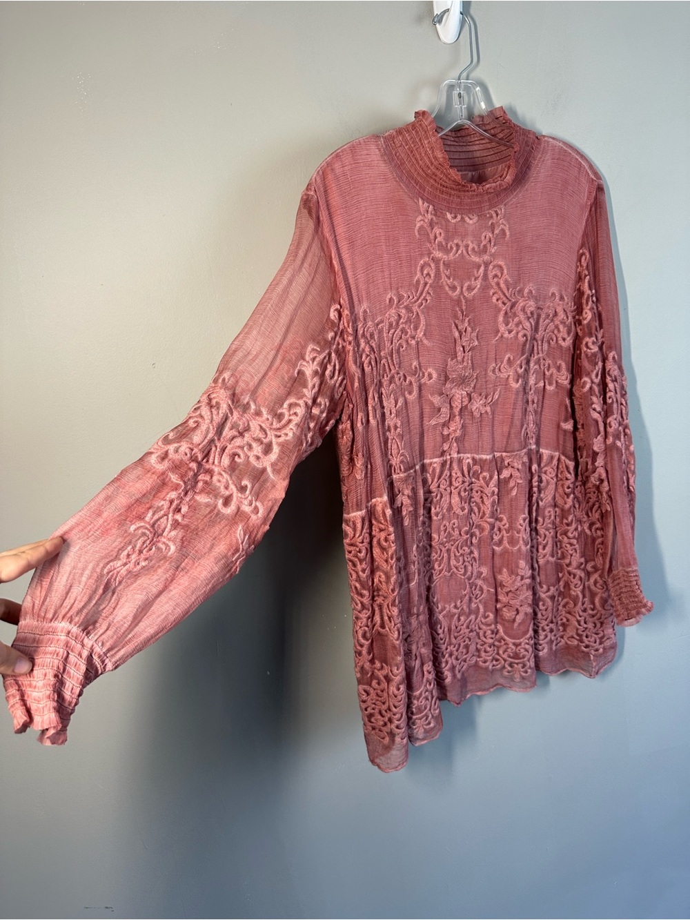 Soft Surroundings Mock Neck Silk Embroidered Blouse Size L Romantic Feminine - Picture 3 of 11